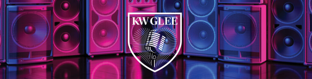 white KW Glee logo on pink, purple, blue backgound with speakers